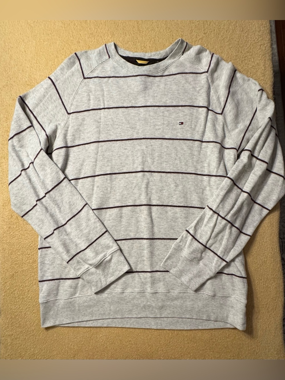 Tommy Hilfiger Light Gray Crewneck Sweater with Navy Stripes